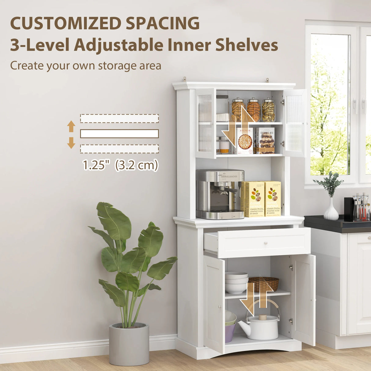 HOMCOM 4-Door Kitchen Cupboard with Drawer, Freestanding Kitchen Cabinet with Glass Doors, Adjustable Shelves and Open Counter, White