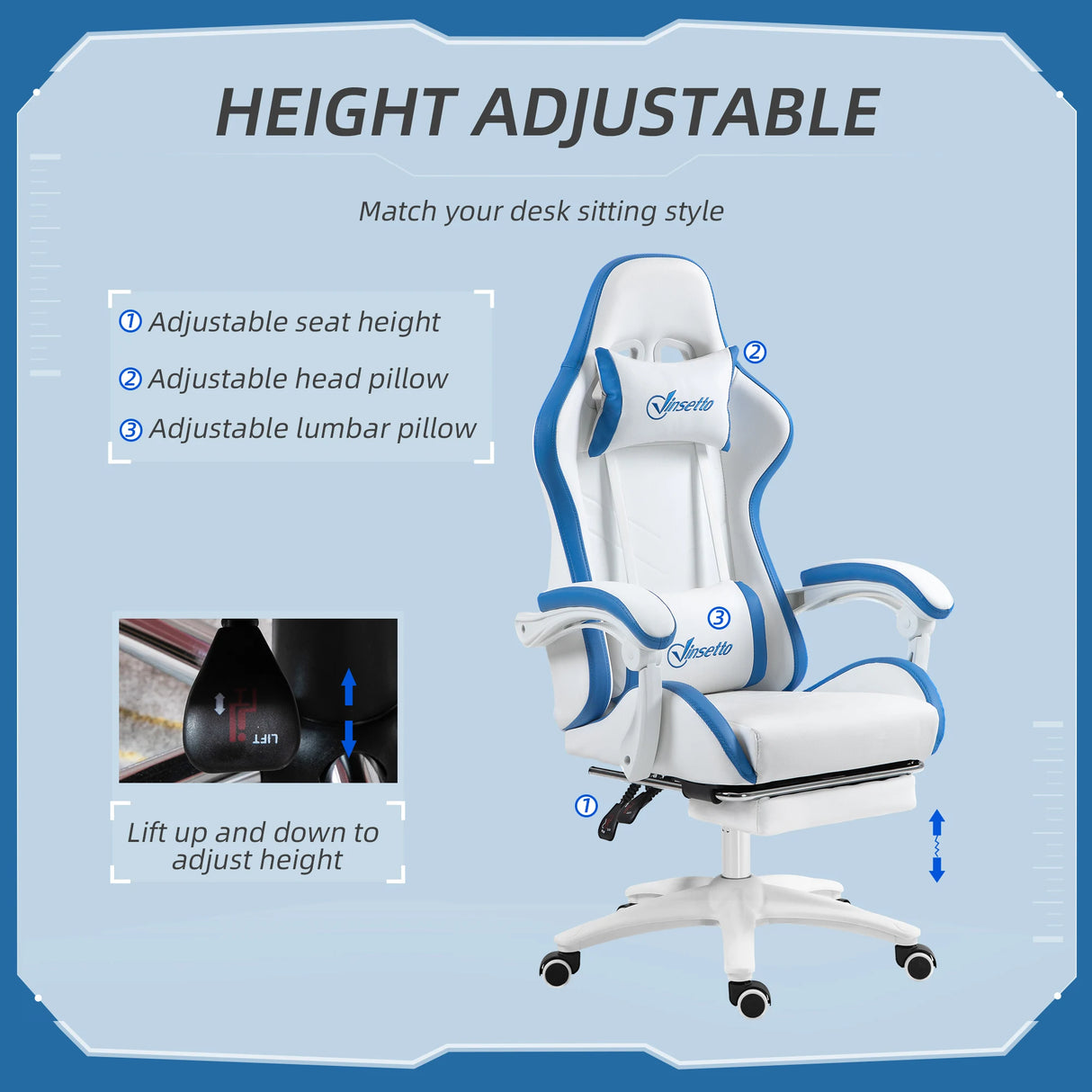 Vinsetto Computer Gaming Chair, PU Leather Office Desk Chair with Footrest, Swivel Wheels, 135 Reclining Back, Lumbar Support, Headrest for Home, White and Blue