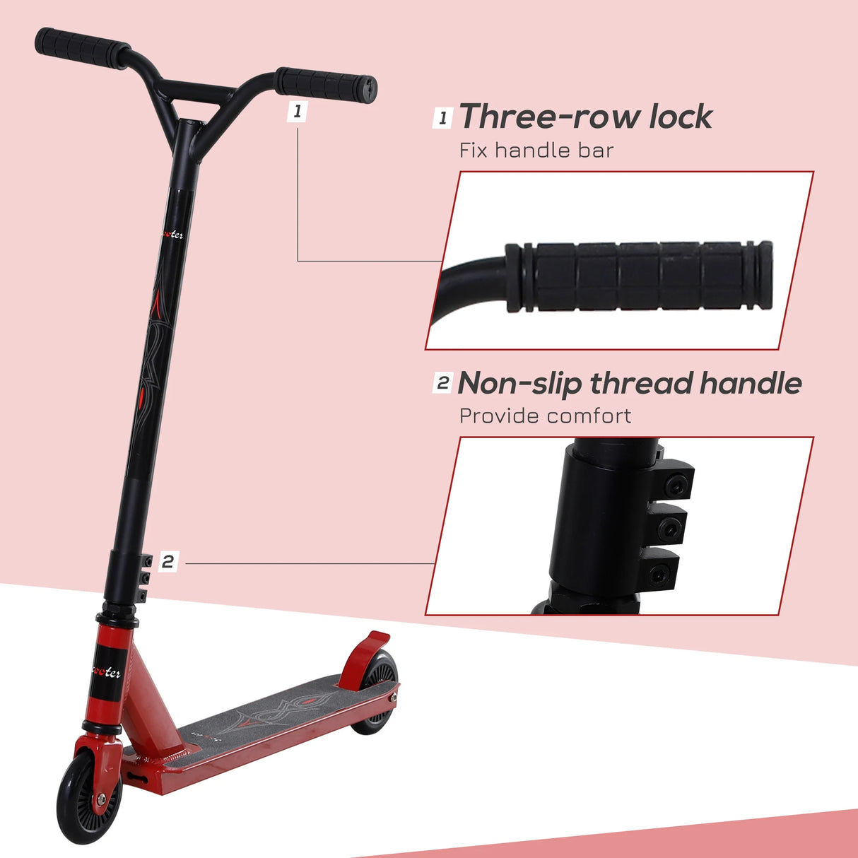 HOMCOM Street Stunt Scooter Intermediate and Beginner Freestyle Tricks Scooters For 14+ Teens Adult w/ Rear 10cm Wheel & Brake - Red