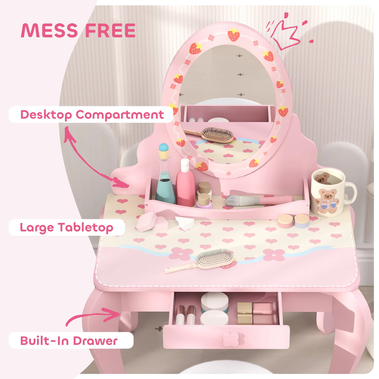 AIYAPLAY Kids Dressing Table Set, Vanity Table with Stool, Mirror, Drawer, Desktop, Storage, Strawberry-Theme, Pink