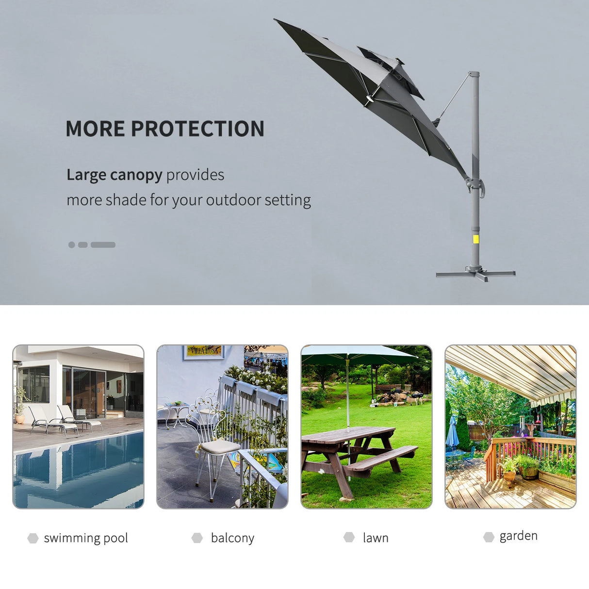 Outsunny 3m Cantilever Parasol w/ Solar Lights Power Bank Base 360 Spin Dark Grey