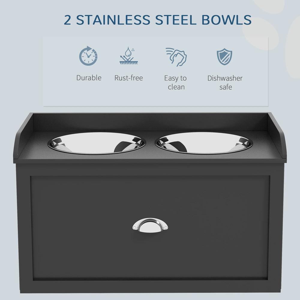 PawHut Stainless Steel Raised Dog Bowls, with 21L Storage Drawer for Large Dogs and Cats - Black