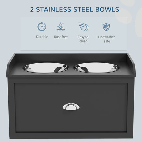 PawHut Stainless Steel Raised Dog Bowls, with 21L Storage Drawer for Large Dogs and Cats - Black