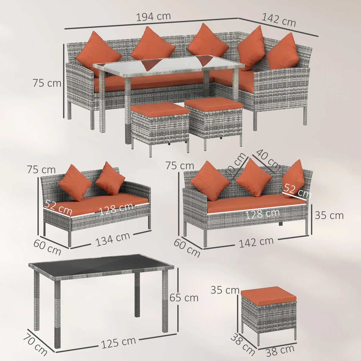 Outsunny 6-Seater Rattan Dining Set Sofa Table Footstool Outdoor w/ Cushion Garden Furniture, Orange