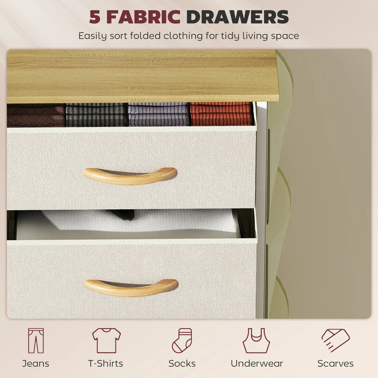 HOMCOM Chest of Five Fabric Drawers - Beige