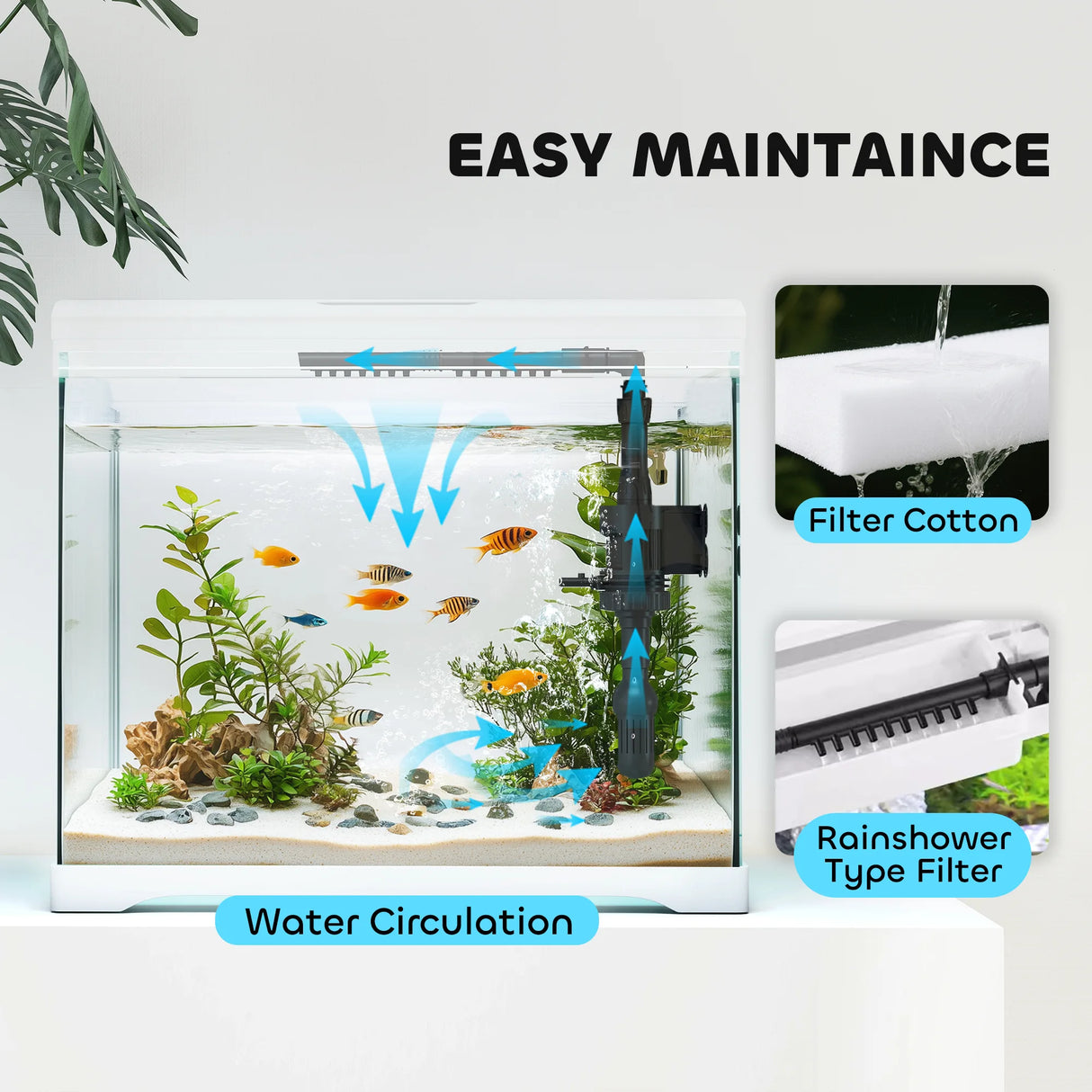PawHut 27L Glass Fish Tank with Filter System, LED Light, Water Pump, for Betta, Goldfish, Shrimps, White