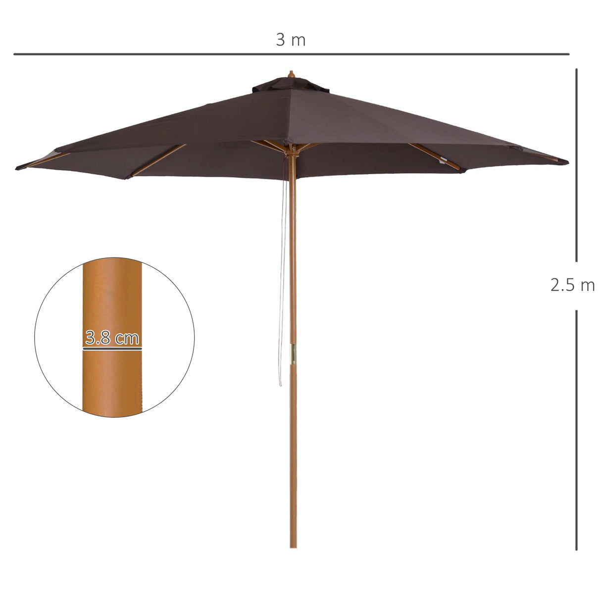 Outsunny 3(m) Garden Parasol, Pulley Operated Patio Umbrella, Wooden Parasol, Table Market Umbrella with Rope Pulley Mechanism and 8 Ribs, Coffee
