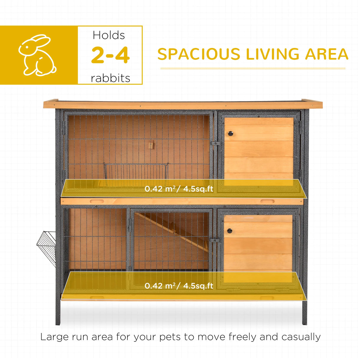 PawHut Rabbit Hutch Outdoor Guinea Pig Hutch Bunny Cage Metal Frame with No-Leak Tray Openable Roof Light Yellow 122 x 50 x 101cm