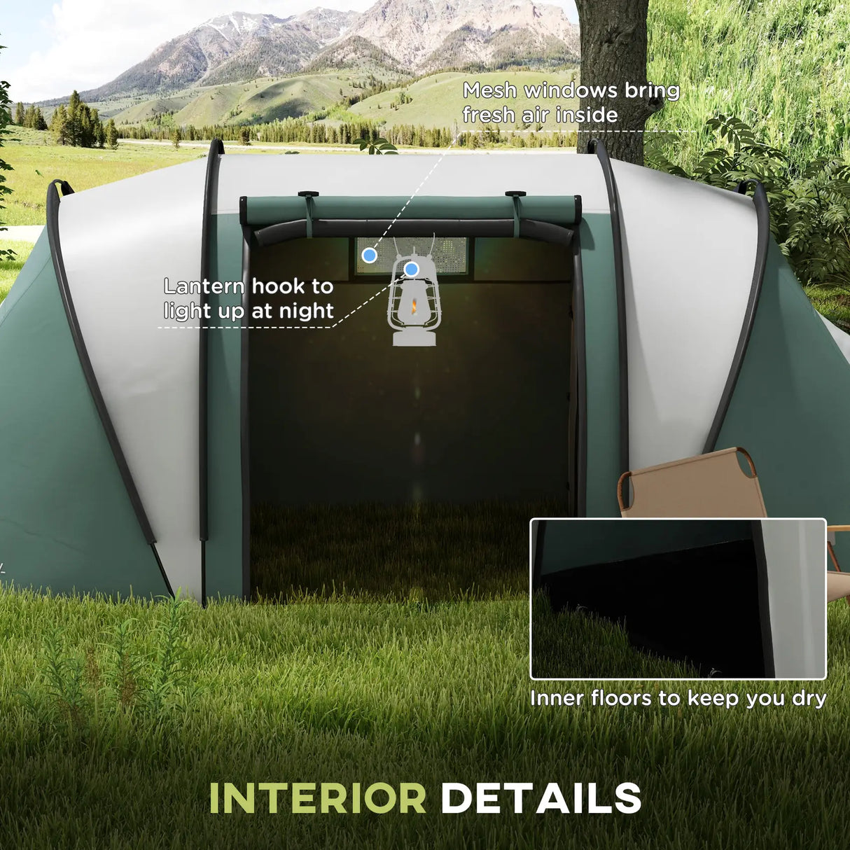 Outsunny Two-Man Tent, with Bedrooms, Living Room and Canopy - Dark Green