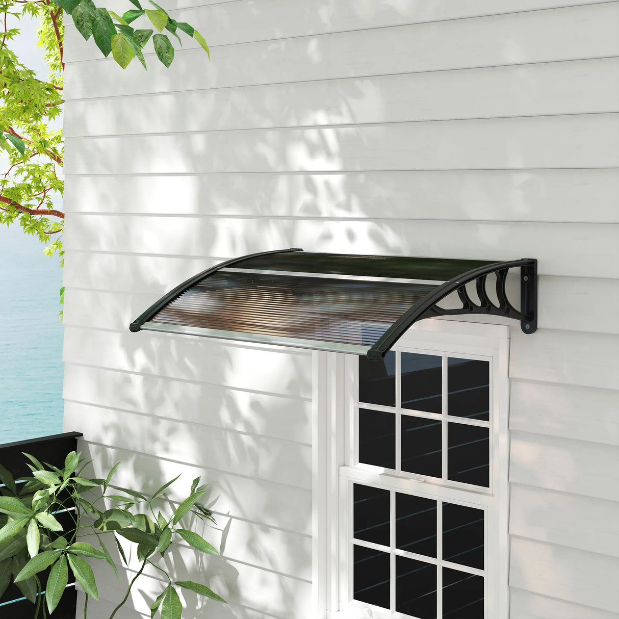 Outsunny Front Door Canopy Outdoor Awning Aluminium Rigid Plastic Polycarbonate Rain Shelter UV Water Rain Resistant 120 x 75cm Brown