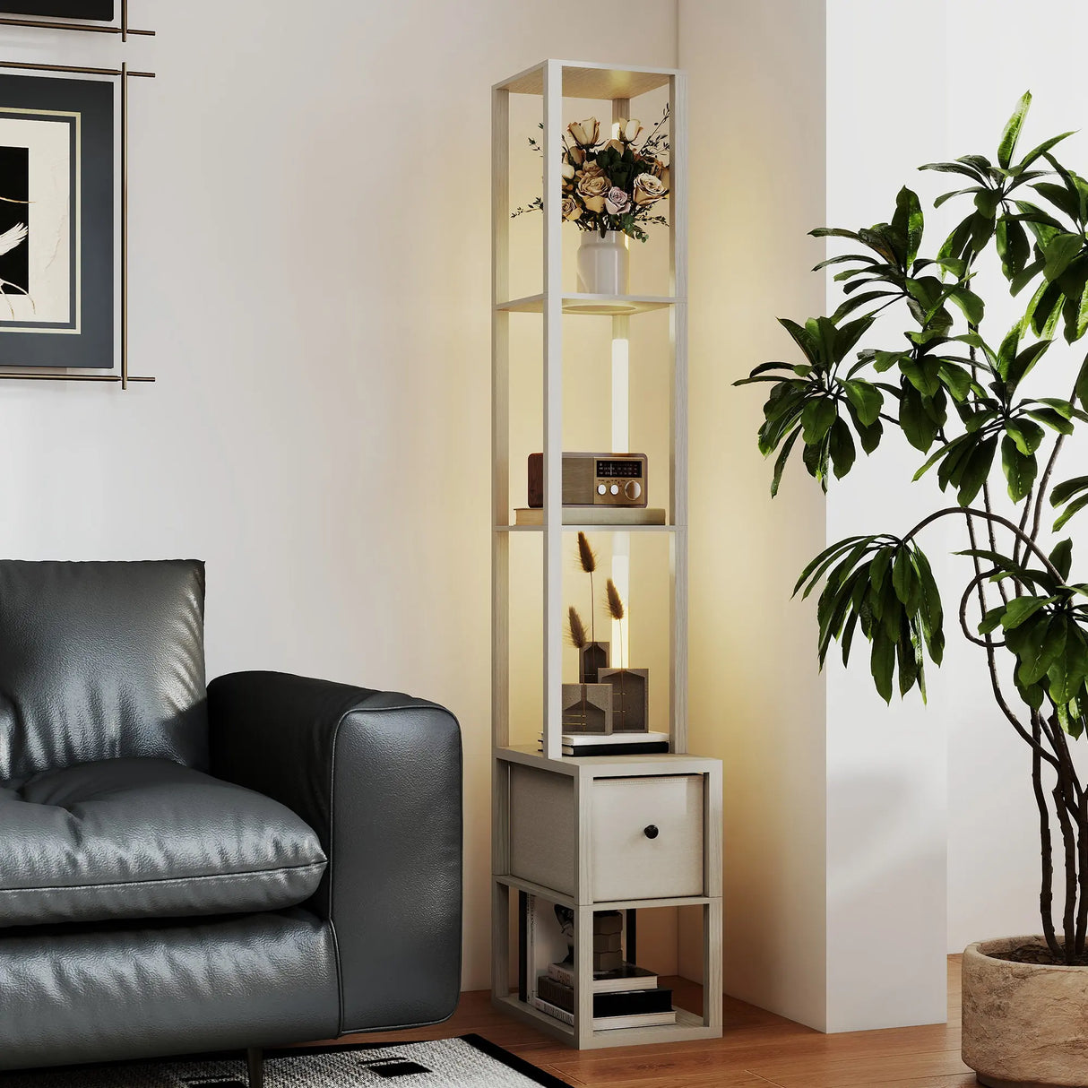 HOMCOM Floor Lamp with Shelves, LED Column Modern Standing Lamp with Fabric Drawer, Adjustable Brightness, Foot Switch for Living Room, Bedroom, Office, Oak