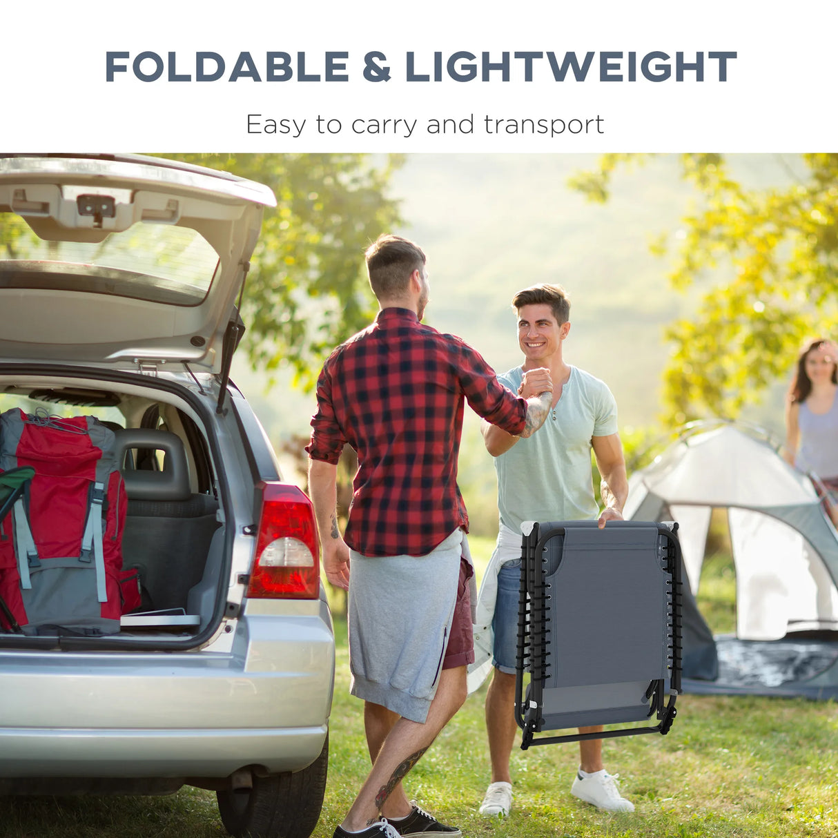 Outsunny Foldable Sun Lounger, Outdoor 4 Level Adjustable Backrest Reclining Chaise Chair, Steel Frame Recliner Chair for Camping, Hiking, Grey