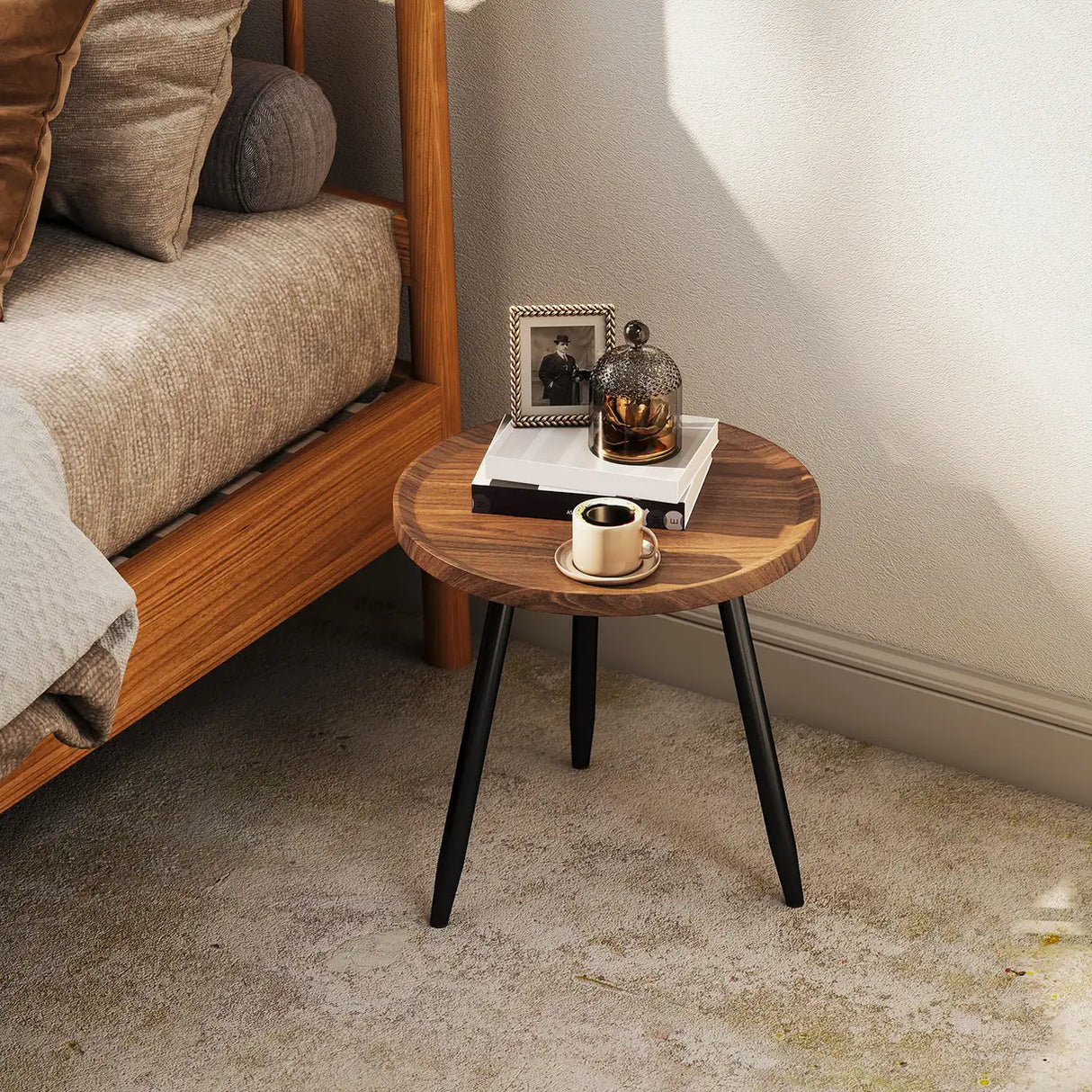 HOMCOM Modern Round Coffee Table with Steel Frame for Small Space, Sofa Beside, Living Room, Bedroom, Chestnut Wood Effect