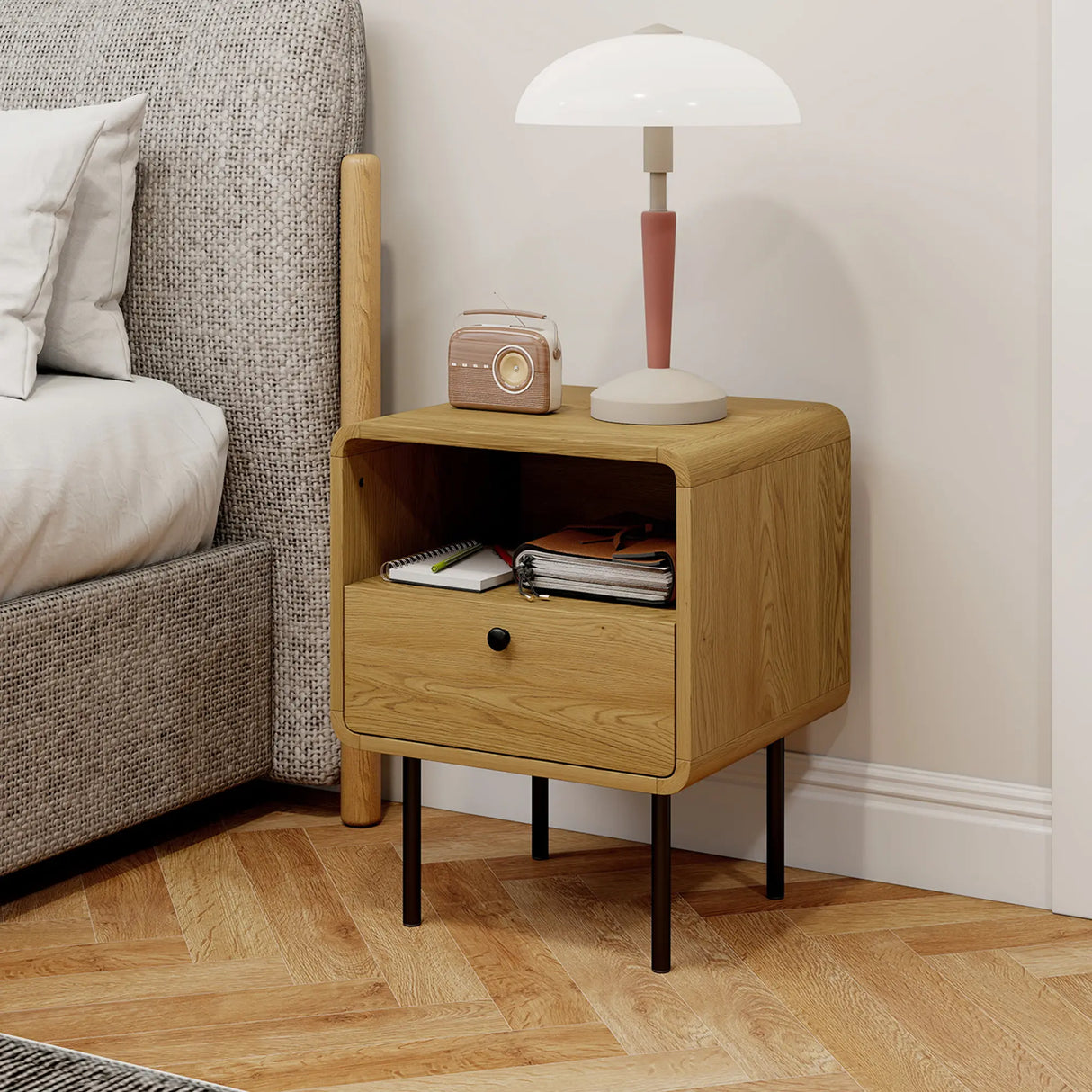 HOMCOM Bedside Table with Drawer and Open Shelf - Oak