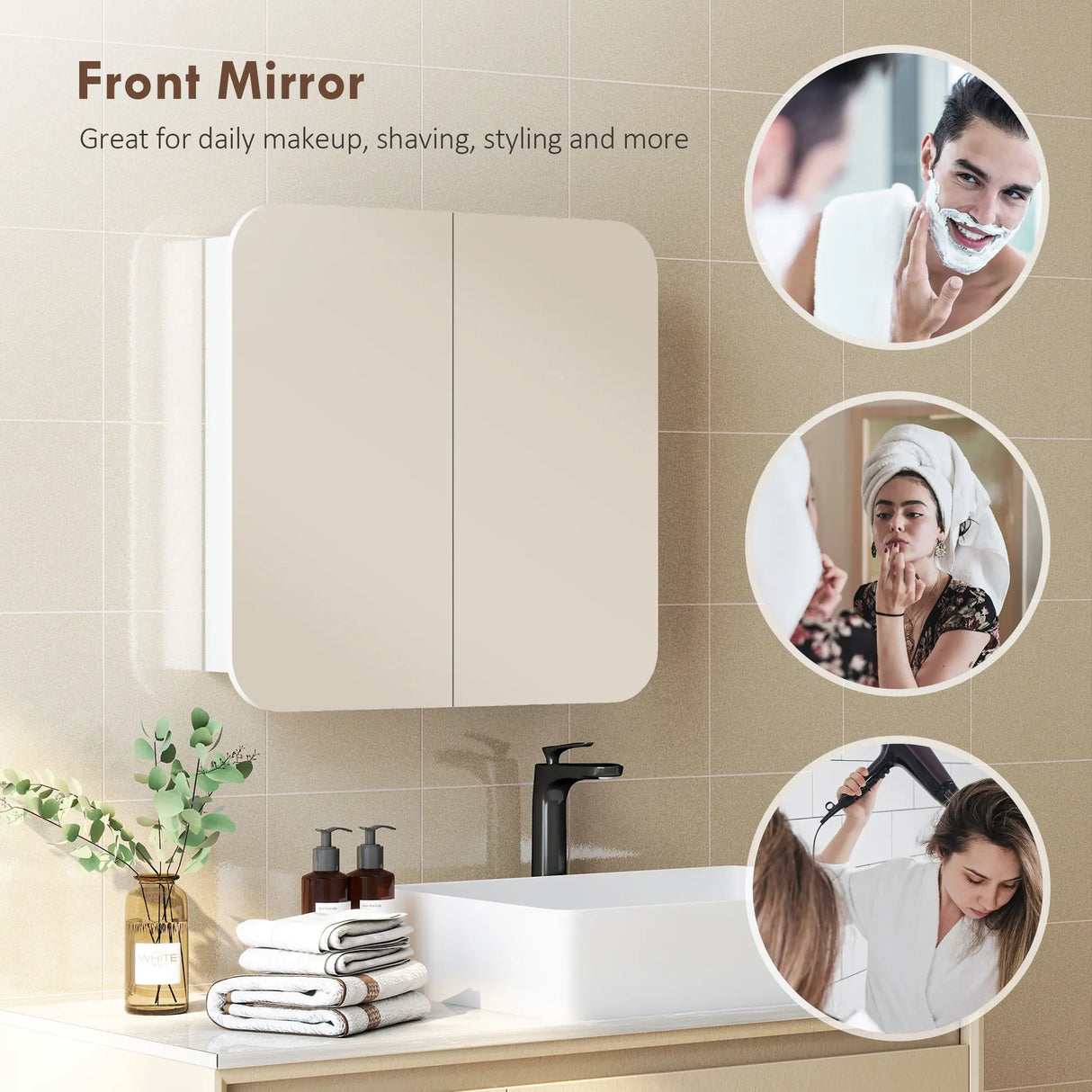 HOMCOM Arched Bathroom Mirror Cabinet with Adjustable Shelves - White