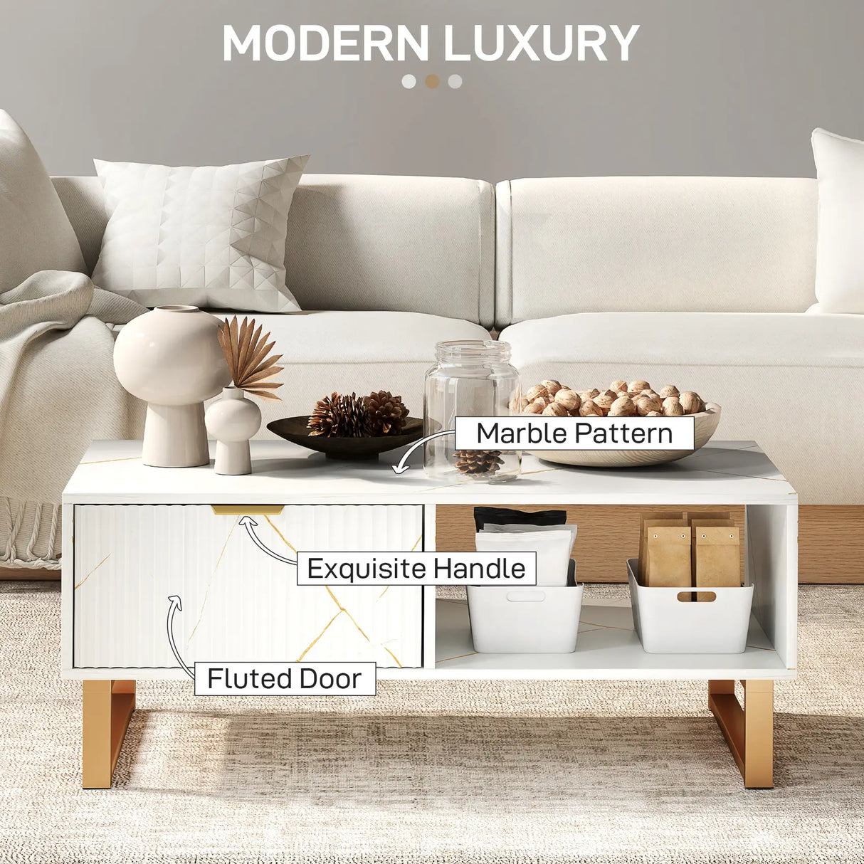 HOMCOM Elegant Marble Effect Storage Coffee Table - White