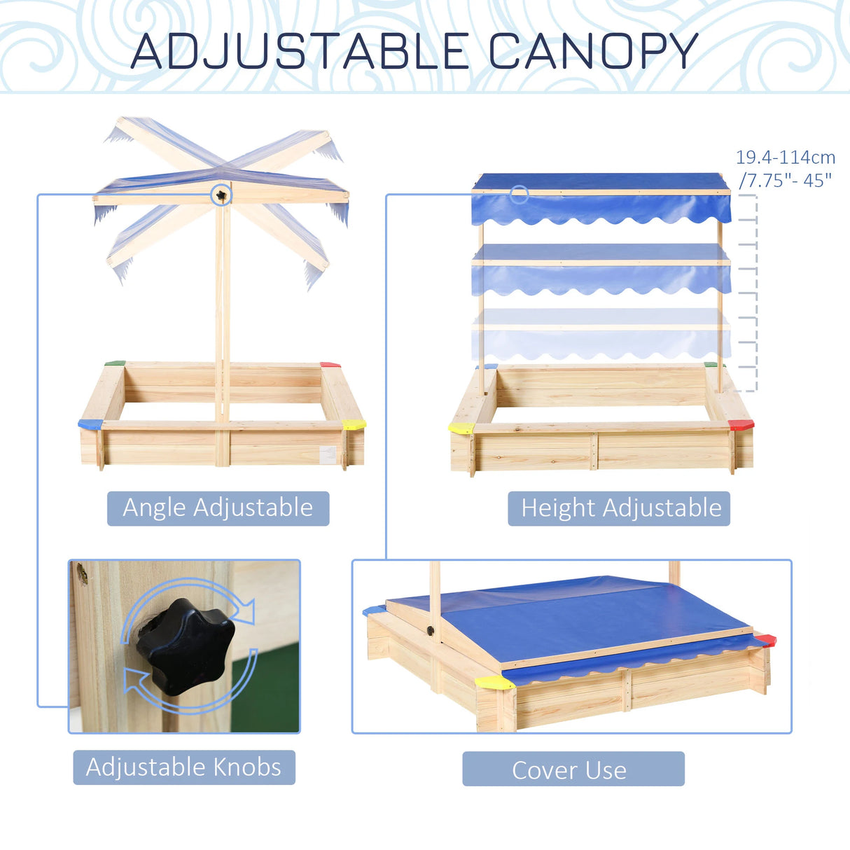 Outsunny Kids Wooden Sand Pit Sandbox Children Square Outdoor Playset Adjustable Canopy Bench Seat 120x120x120cm