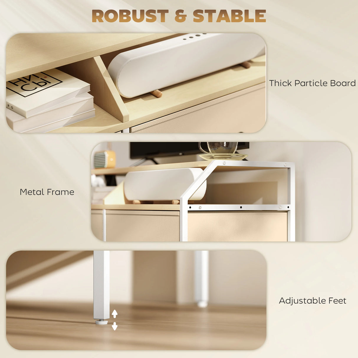 HOMCOM TV Stand Cabinet, TV Unit for 55-inch TVs with 2 Foldable Fabric Drawers, 5 Divided Side Pockets, Open Shelves, Console Table for Living Room, Bedroom, Entertainment Room, Natural Wood Finish