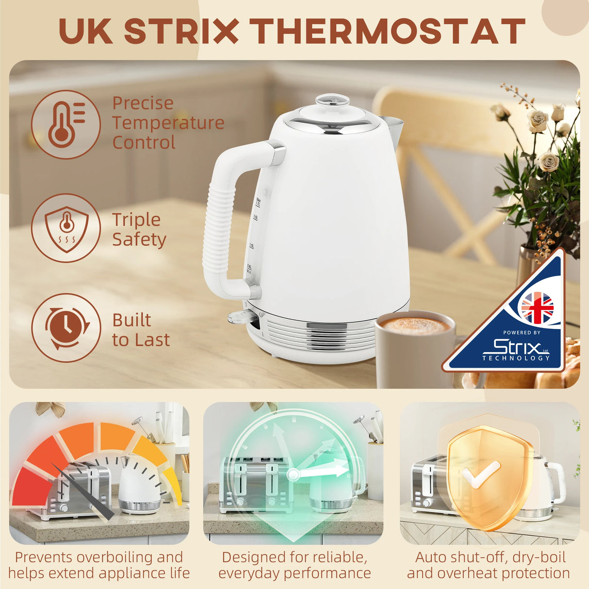 HOMCOM Stainless Steel Kettle and Toaster Set, 1.7L 3000W Rapid Boil Jug Kettle with UK Strix Thermostat, Limescale Filter, 4 Slice Toaster with 7 Browning Controls, Crumb Tray, White and Silver Tone