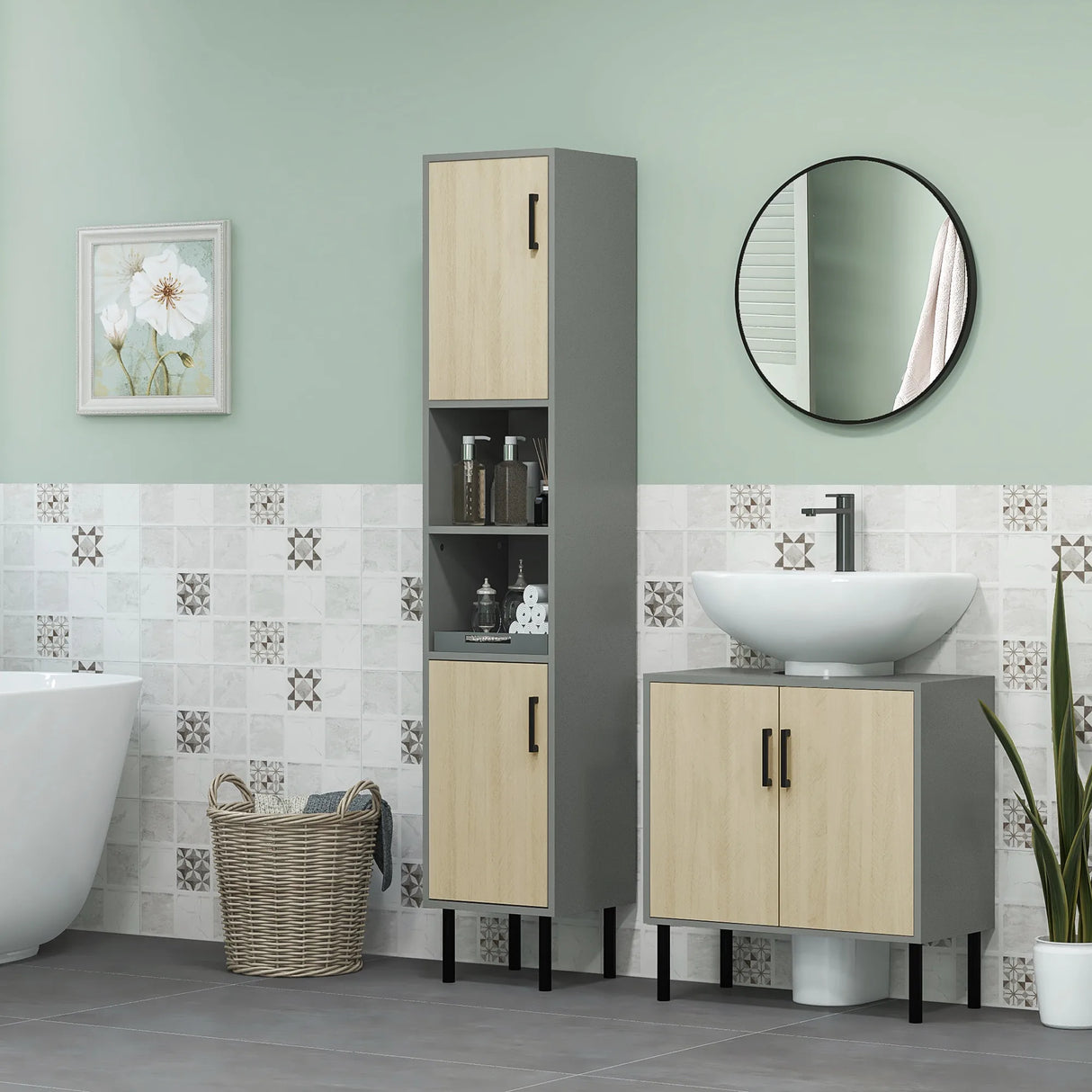 kleankin Bathroom Furniture Set with Doors, Tall Bathroom Cabinet with Adjustable Shelves, Under Sink Cabinet, Grey