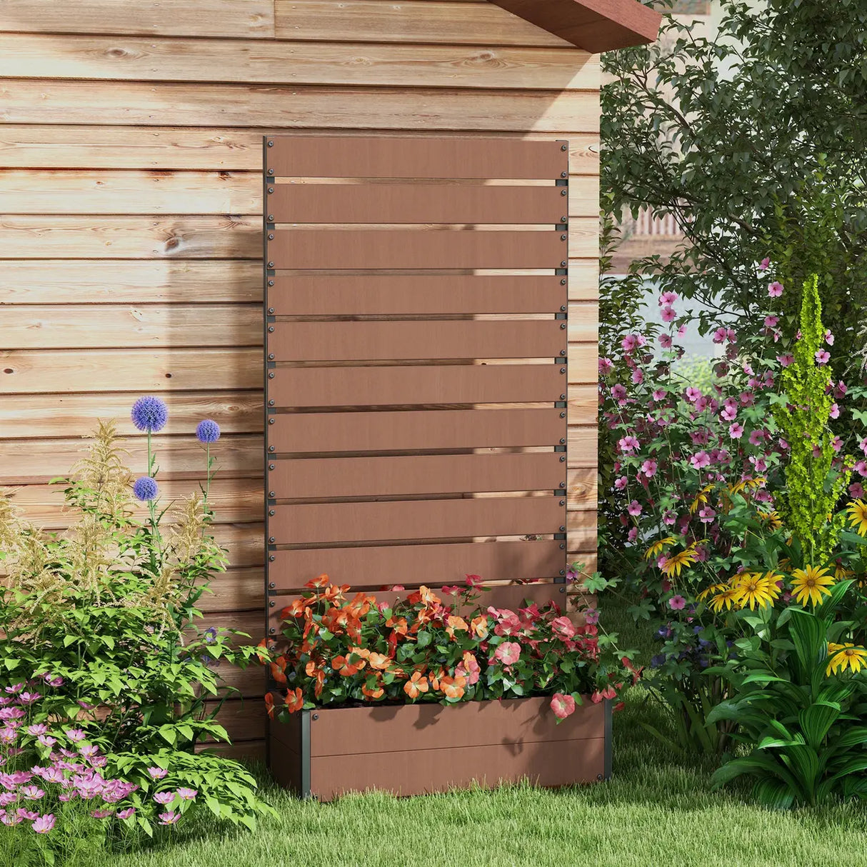 Outsunny Raised Bed for Garden, Planter with Trellis for Climbing Plants, Vines, Planter Box with Drainage Gap, Light Brown
