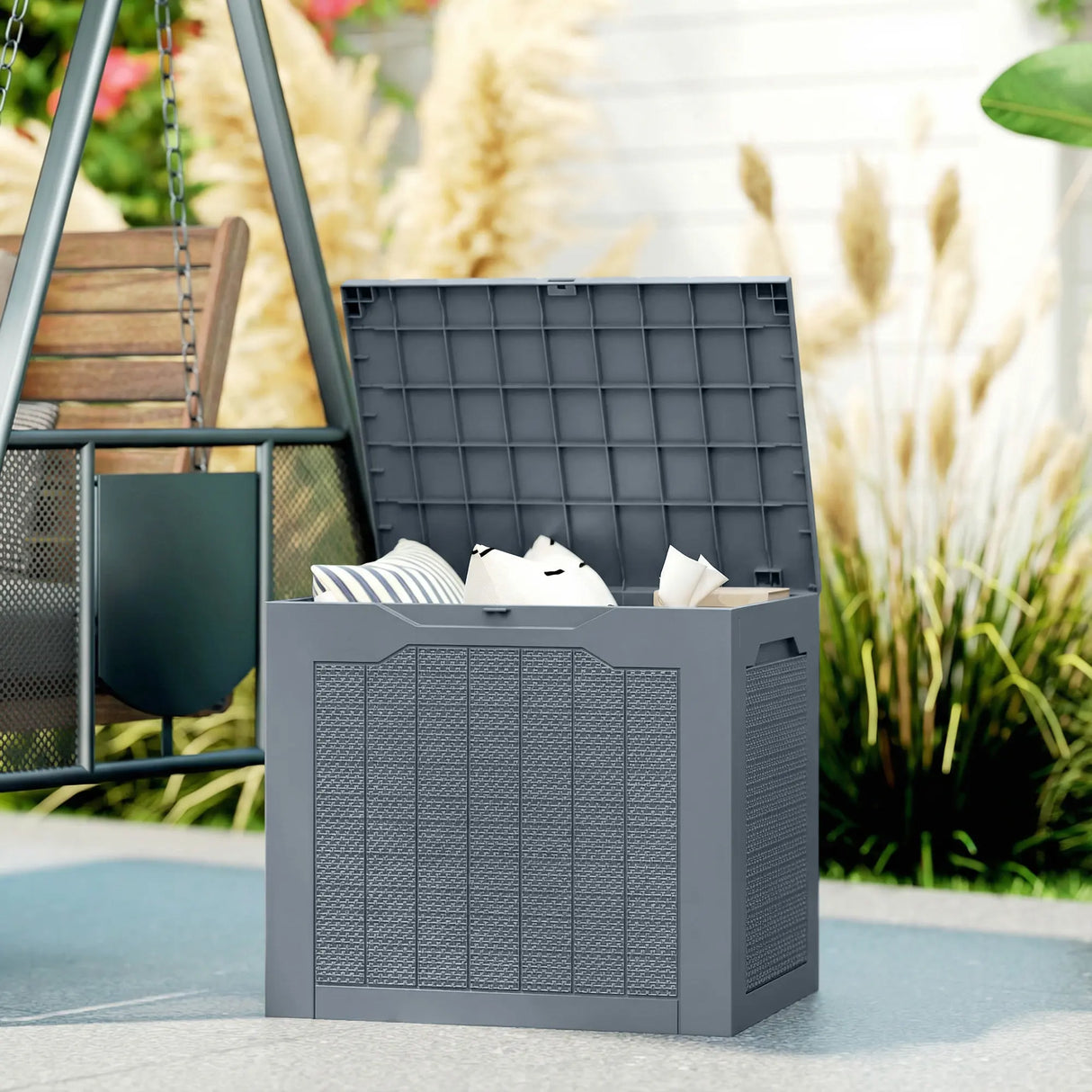 Outsunny 93L Plastic Garden Storage Box, Outdoor Storage Box with Handles, Waterproof Outdoor Storage Container, Light Grey