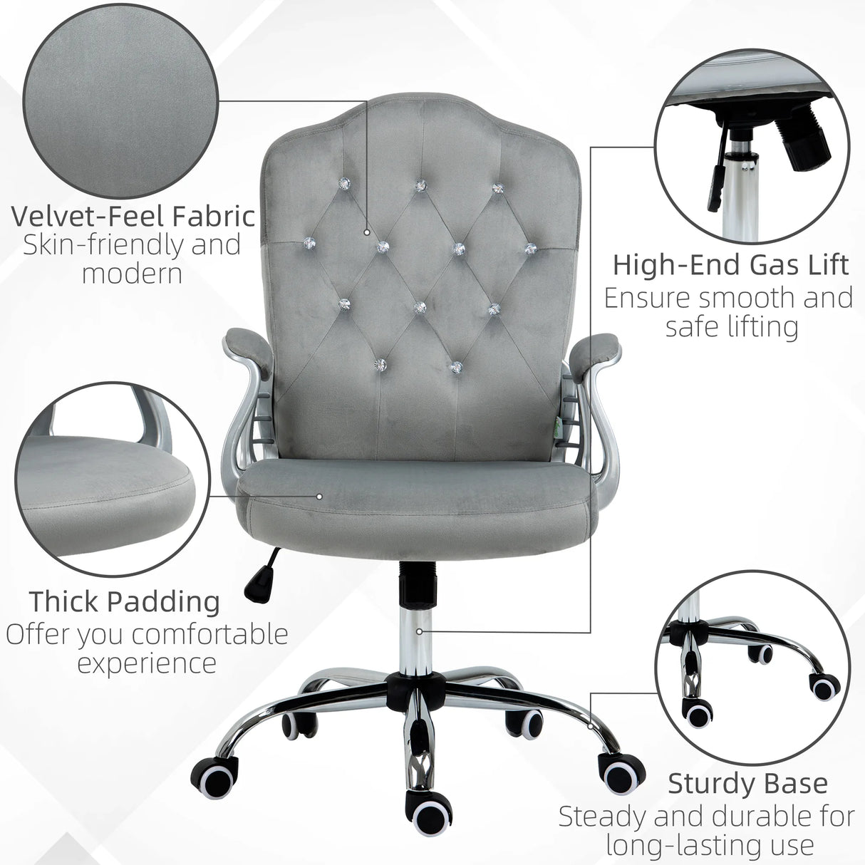 Vinsetto Velvet-Feel Work Chair, with Diamante Back - Grey