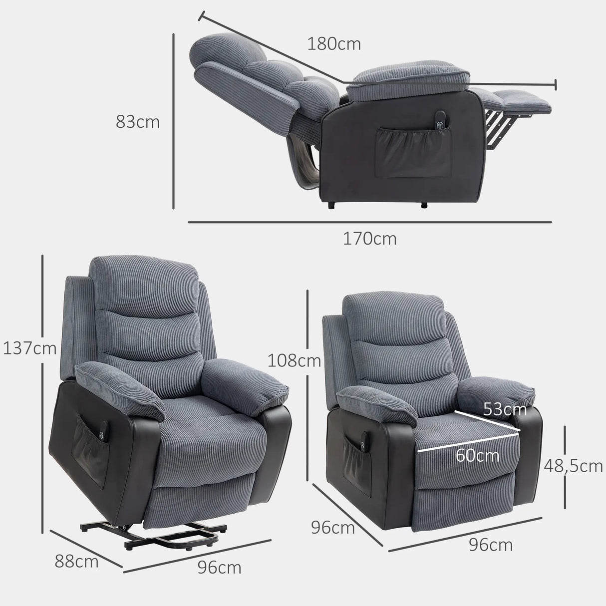 HOMCOM Overstuffed Corduroy Electric Lift Chair - Dark Grey