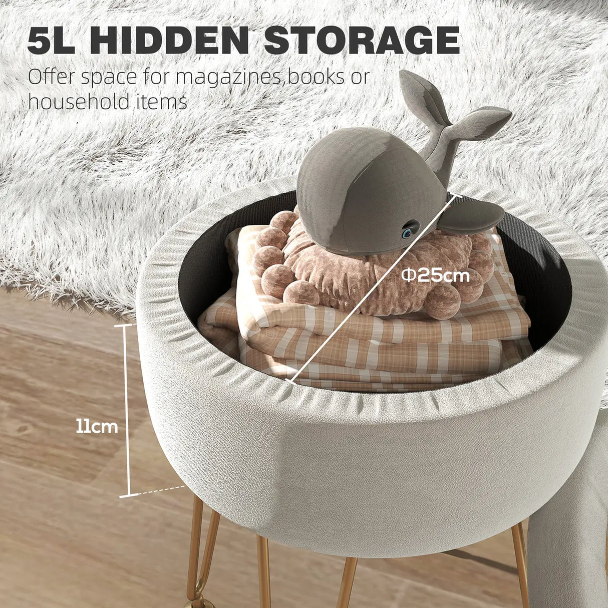 HOMCOM 5L Velvet-Feel Storage Ottoman - Cream White