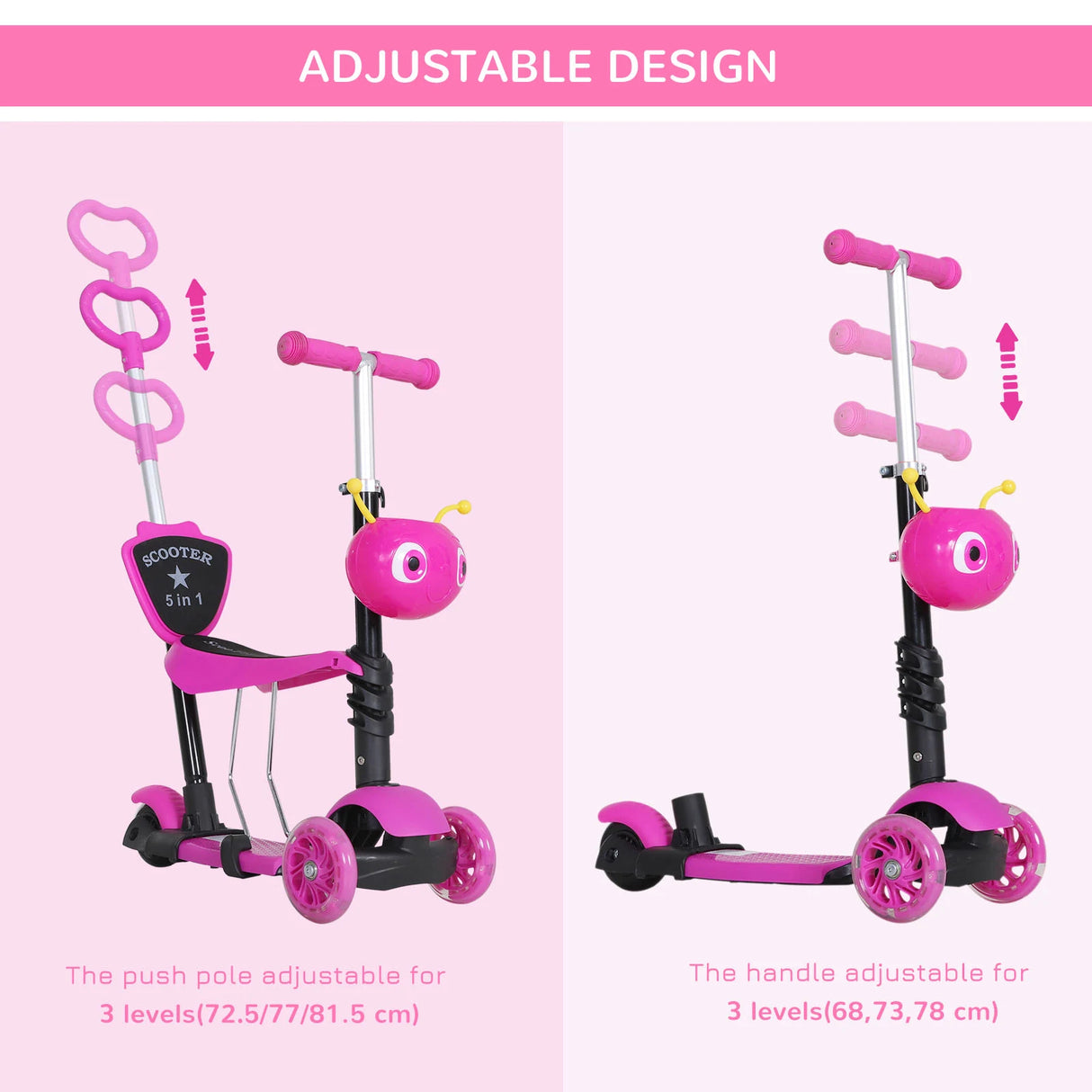 HOMCOM Adjustable Kids Toddler Scooter, with Removable Seat, Back Handle, Pink