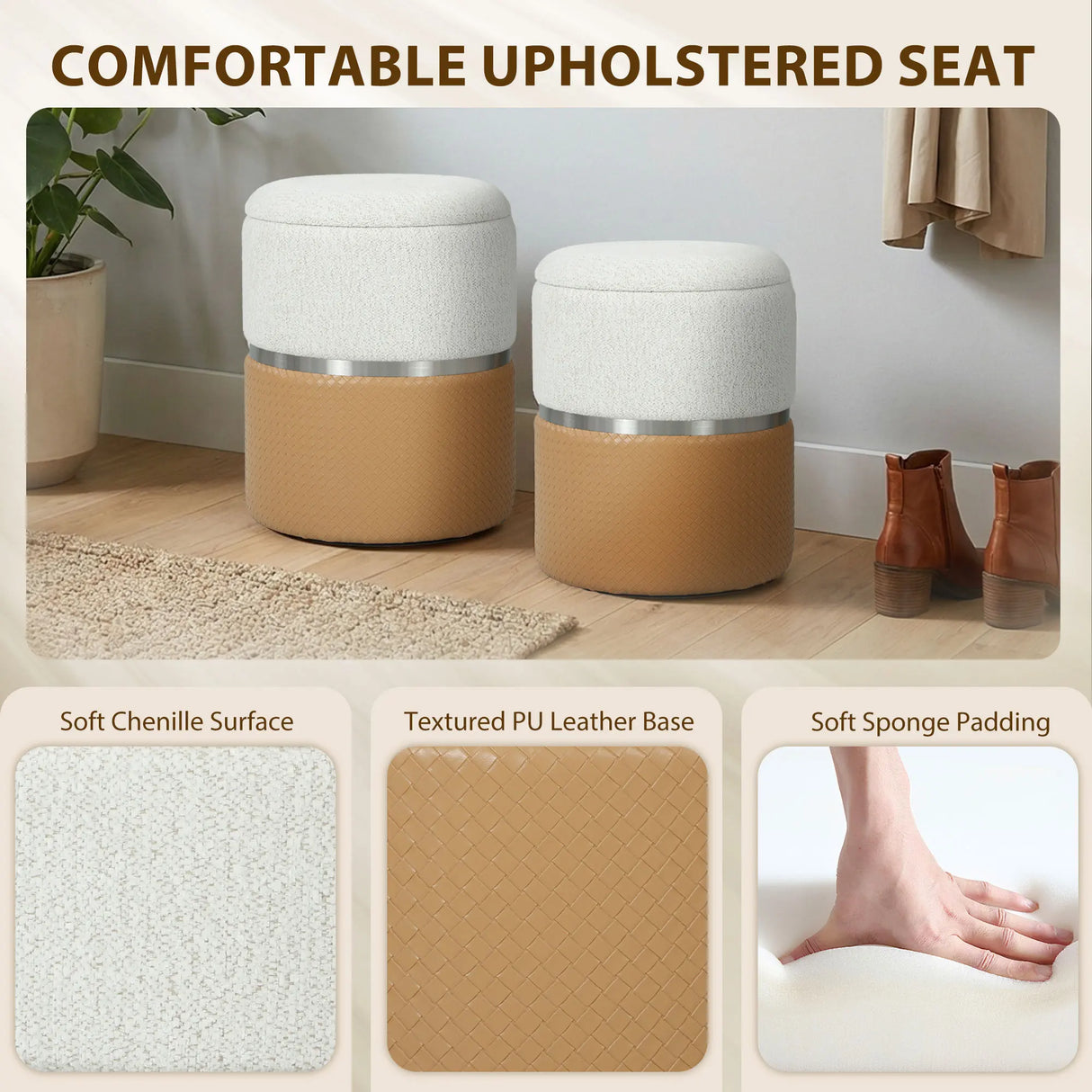 HOMCOM Nesting Round Ottoman with Storage Set of 2 - Cream/Brown