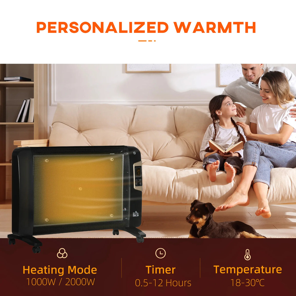 HOMCOM Mica Electric Space Heater, Portable Heater for Home with 2 Heat Settings, Living Room, Study, Garage, Adjustable Temperature 18-30C, 1000W/2000W, Black