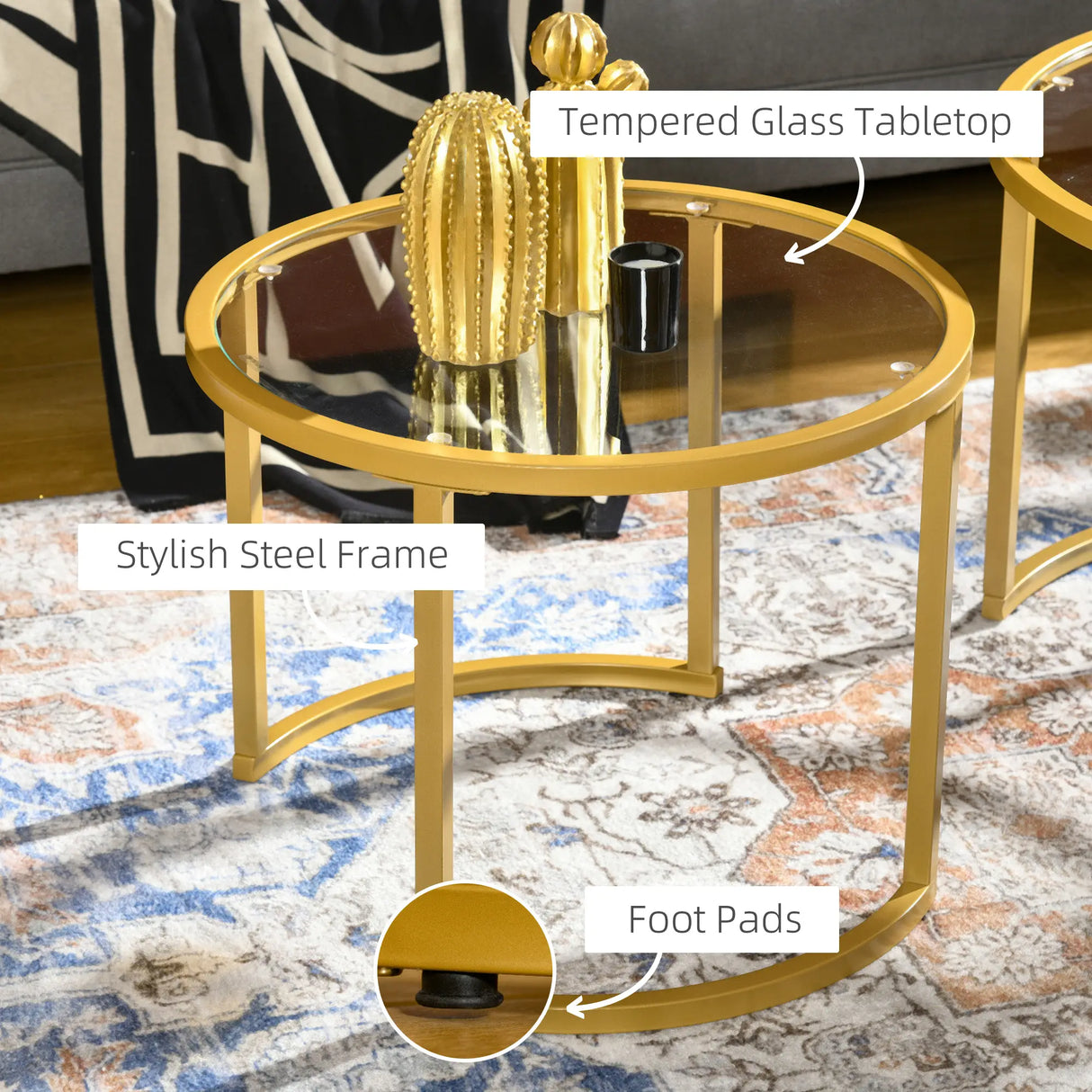 HOMCOM Coffee Table Set of 2, Modern Nest of Tables with Tempered Glass Top, Steel Frame for Living Room, Gold Tone