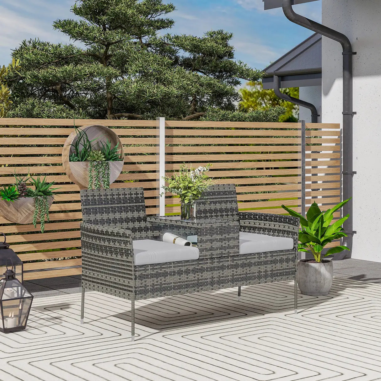 Outsunny Two-Seat Rattan Chair, with Middle Table - Charcoal Grey