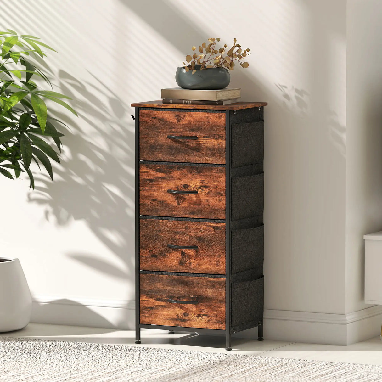 HOMCOM Chest of Four Fabric Drawers - Rustic Brown
