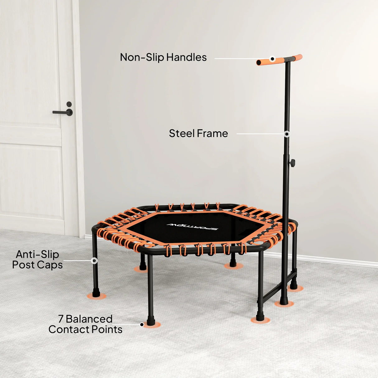 SPORTNOW 45" Rebounder Trampoline for Adults, Quiet Bungee Rebounder with LED Lights and Adjustable Handle, Orange