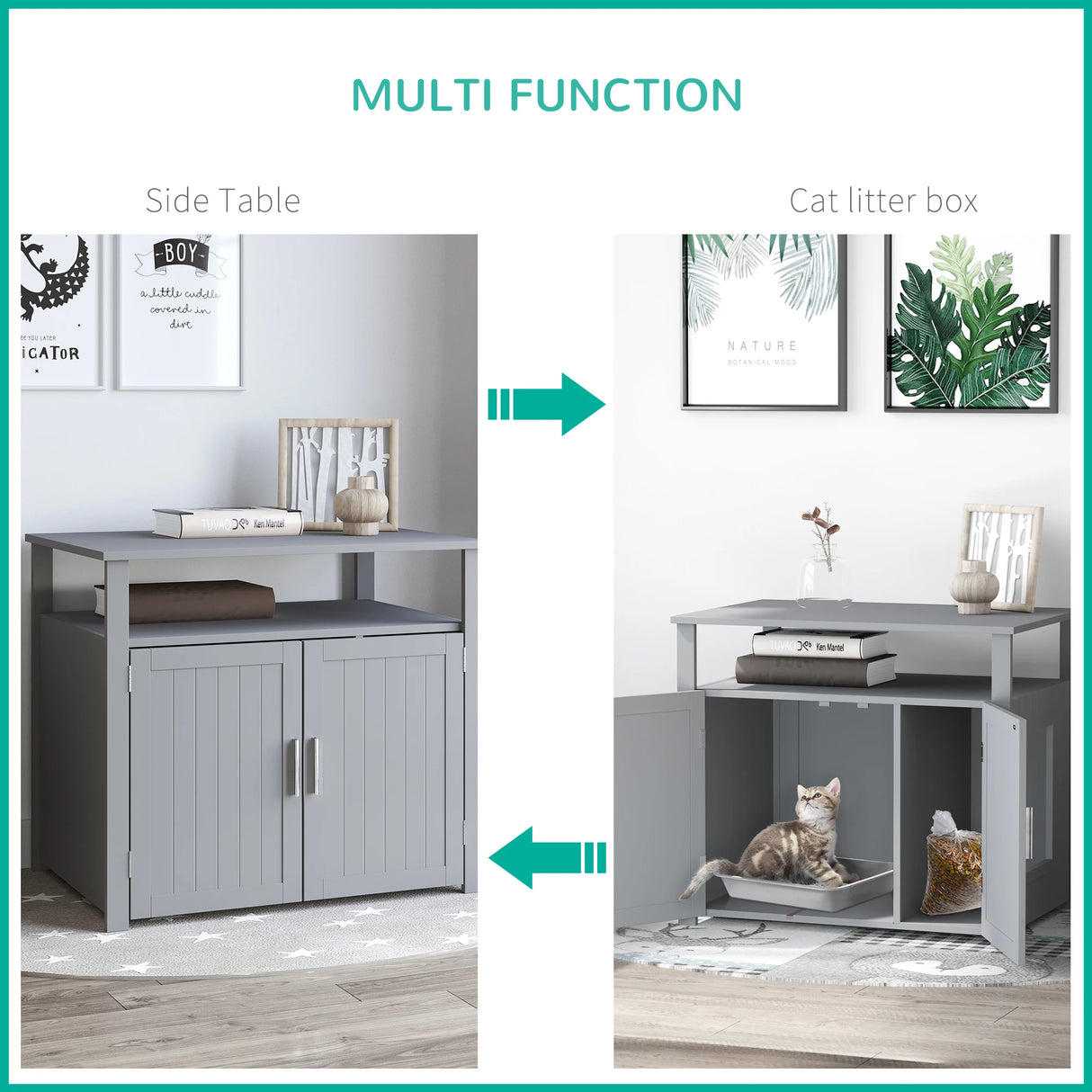 PawHut Wooden Cat Litter Box Enclosure Furniture with Adjustable Interior Wall & Large Tabletop for Nightstand, Grey