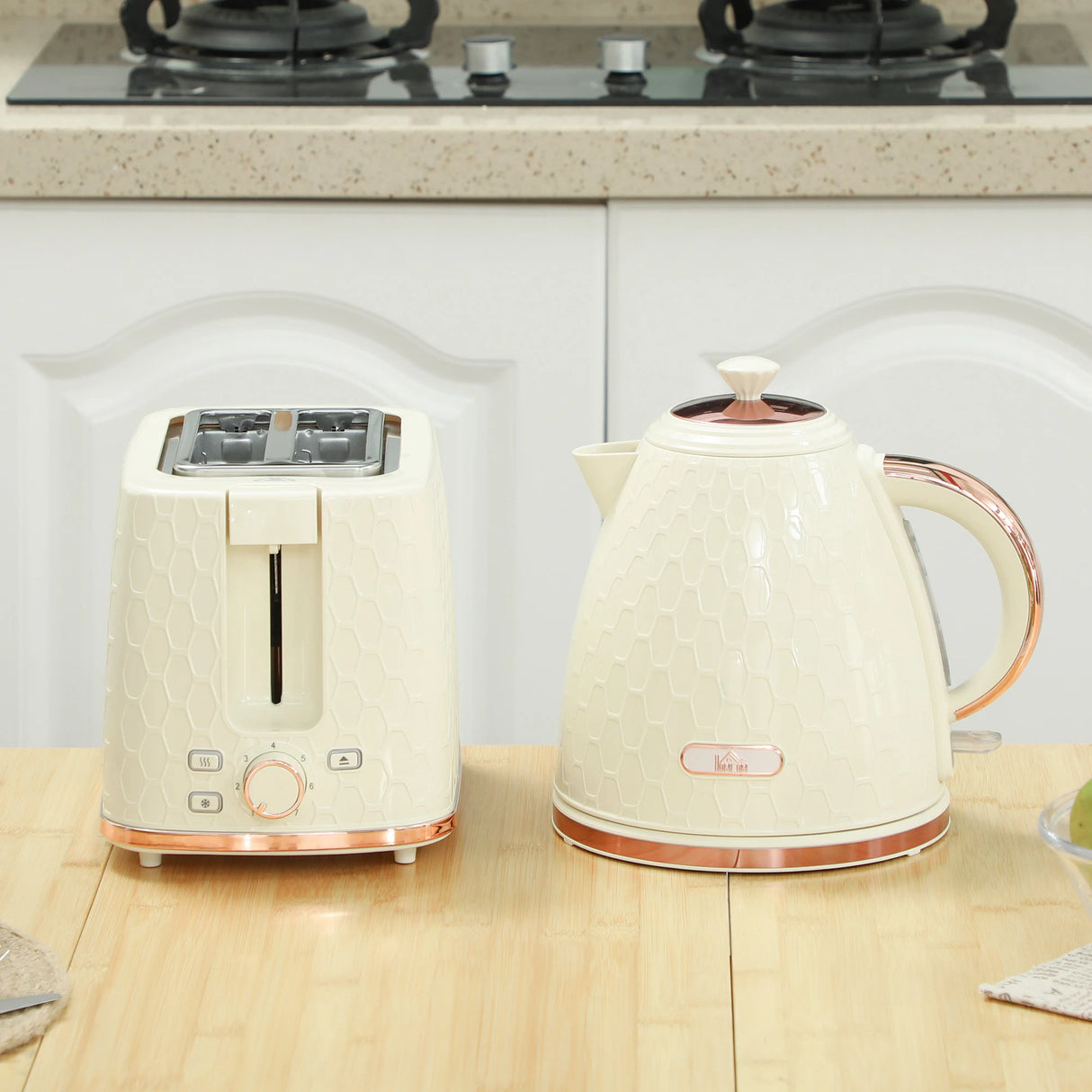HOMCOM 1.7L 3000W Fast Boil Kettle & 2 Slice Toaster Set, Kettle and Toaster Set with Auto Shut Off, Browning Controls, Beige