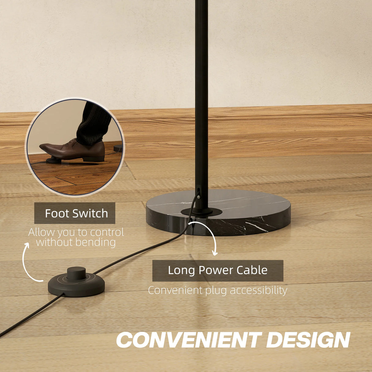 HOMCOM Arc Floor Lamp for Living Room, Modern Adjustable Standing Lamp with Faux Black Marble Base Black