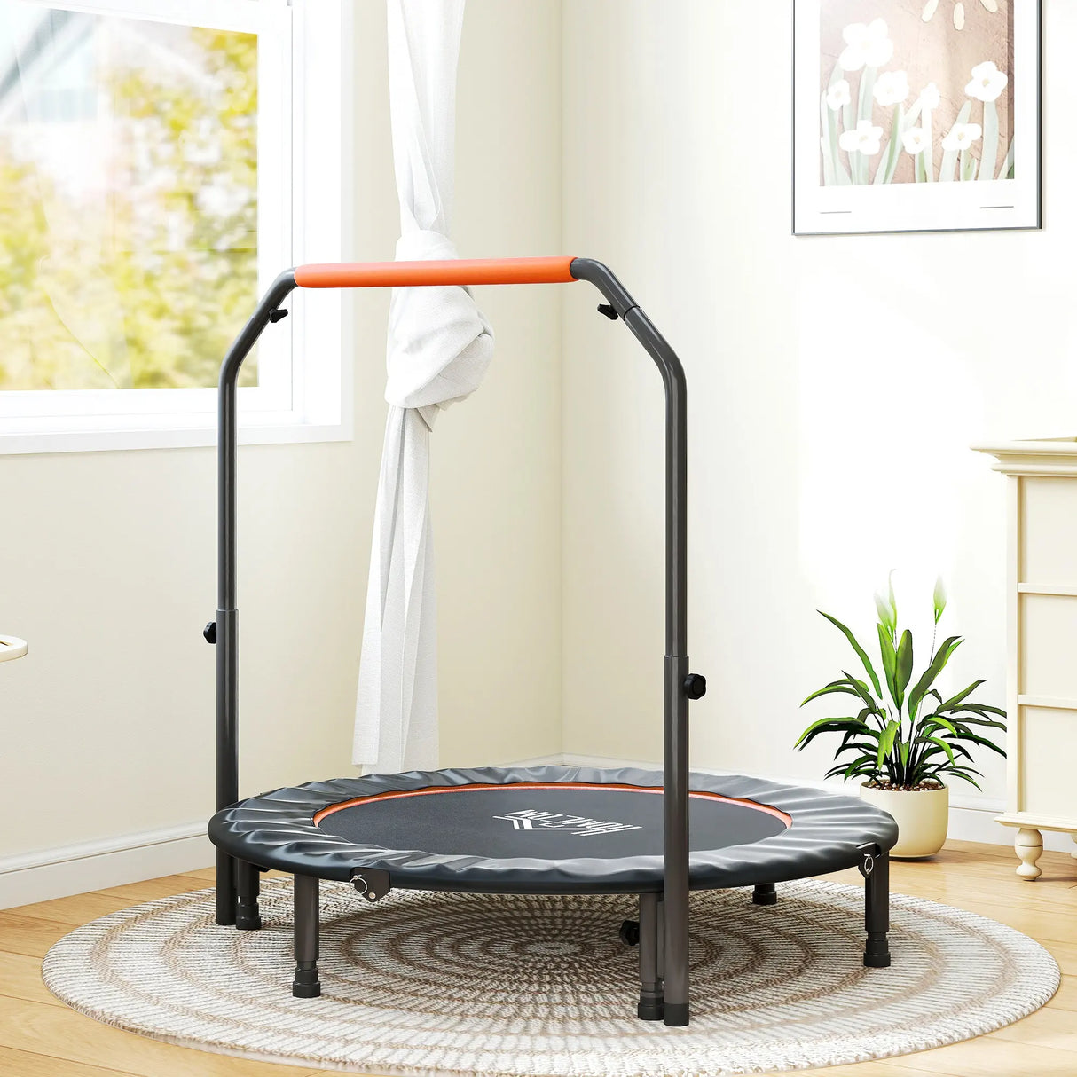 HOMCOM 48" Foldable Mini Fitness Trampoline, with Adjustable Foam Handle, Orange