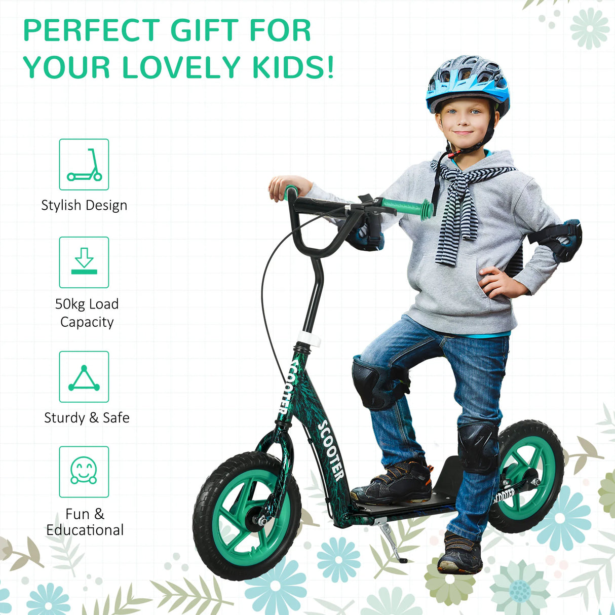 AIYAPLAY Kids Scooter with Adjustable Handlebar, Children's Kick Scooter with Non-slip Footplate, Rear Brake, Kickstand, Green