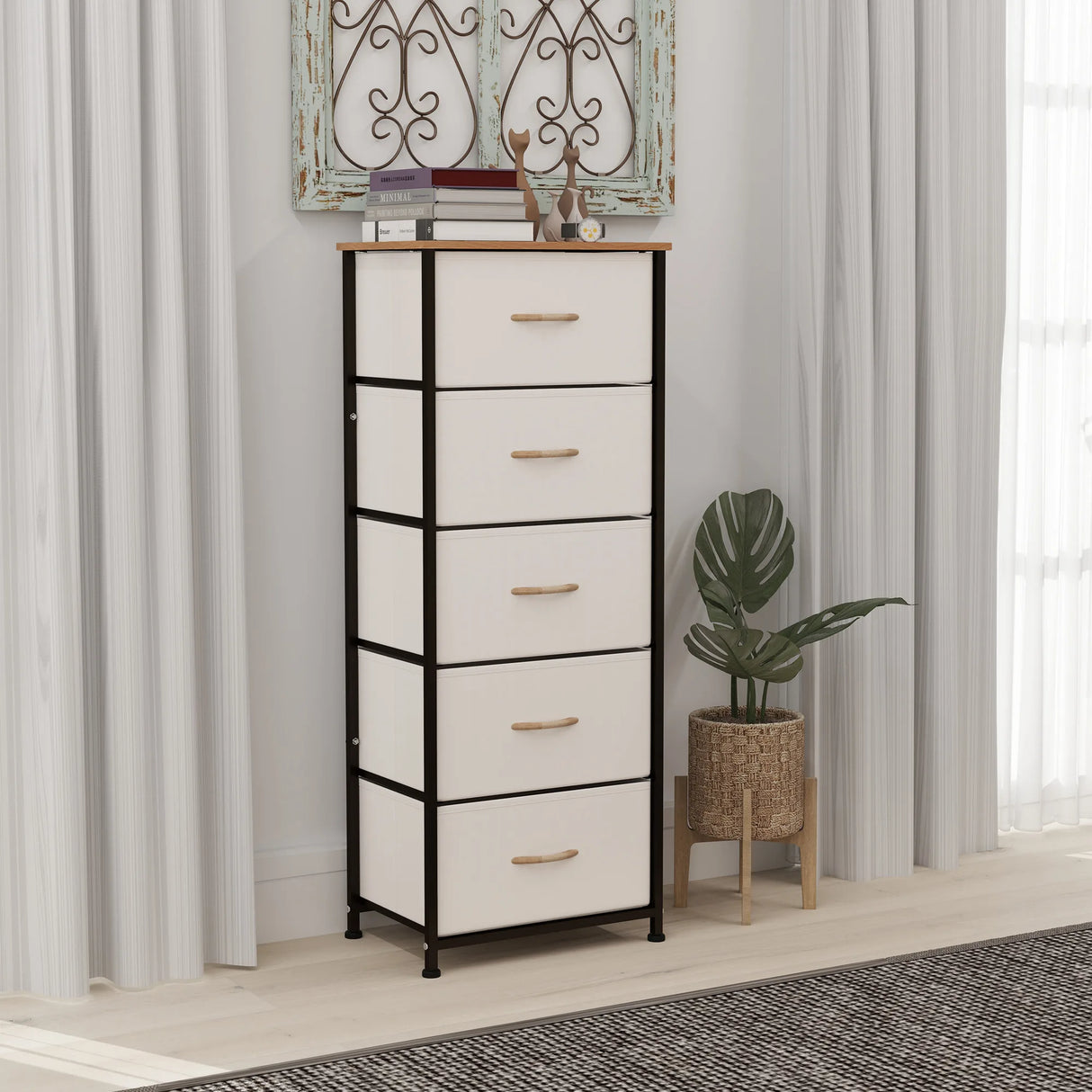 HOMCOM Fabric Chest of Drawers, Industrial Bedroom Dresser with 5 Fabric Drawers, Steel Frame and Wooden Top for Nursery, Living Room, Hallway, Cream White