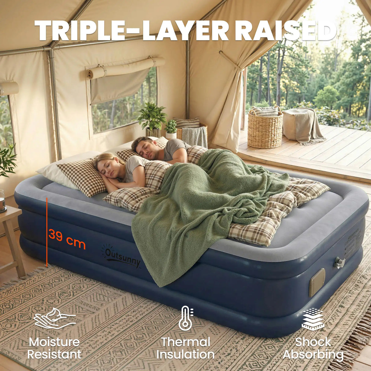 Outsunny Inflatable Mattress, Double Air Bed with Built-in Electric Pump, 3 Mins Inflation, Flocked Surface, Grey