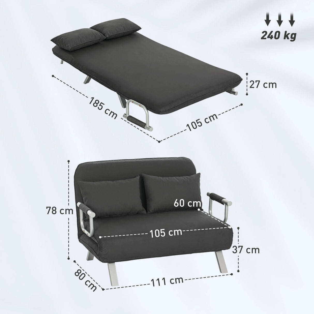 HOMCOM Two-Seater Click-Clack Sofa Bed - Charcoal Grey