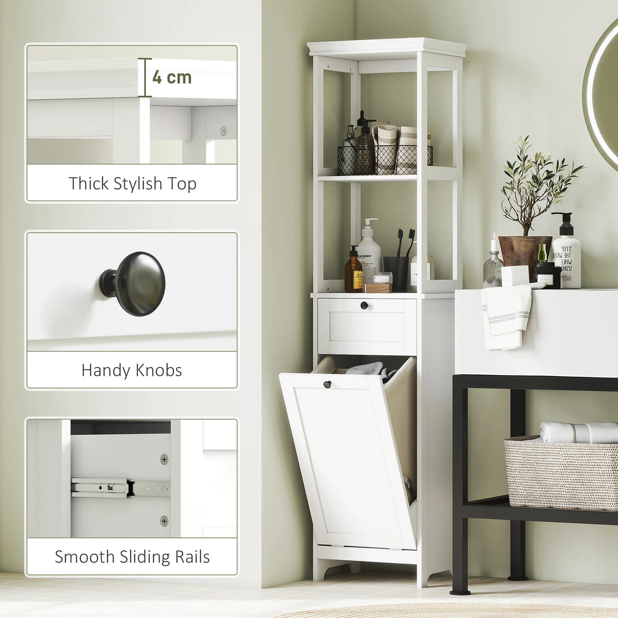 HOMCOM Tall Bathroom Cabinet, with Laundry Basket - White
