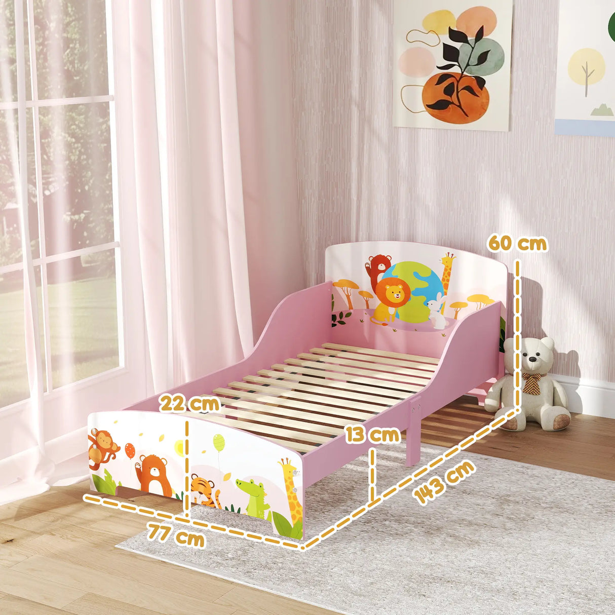 AIYAPLAY Cute Animal-Themed Toddler Bed, with Safety Rails, 143 x 77 x 60cm, Pink