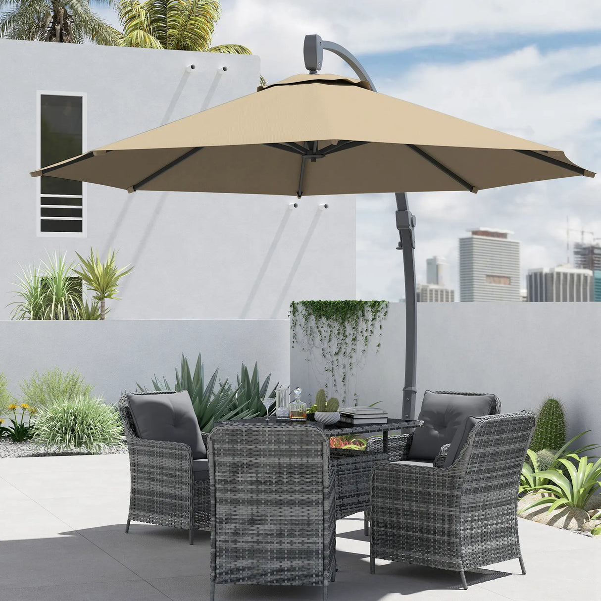 Outsunny 3(m) Garden Cantilever Parasol, Round Overhanging Umbrella with Crank Handle, Cross Base, Aluminium Frame and 360 Rotation, Banana Patio Umbrella for Outdoor Sun Shade, Khaki