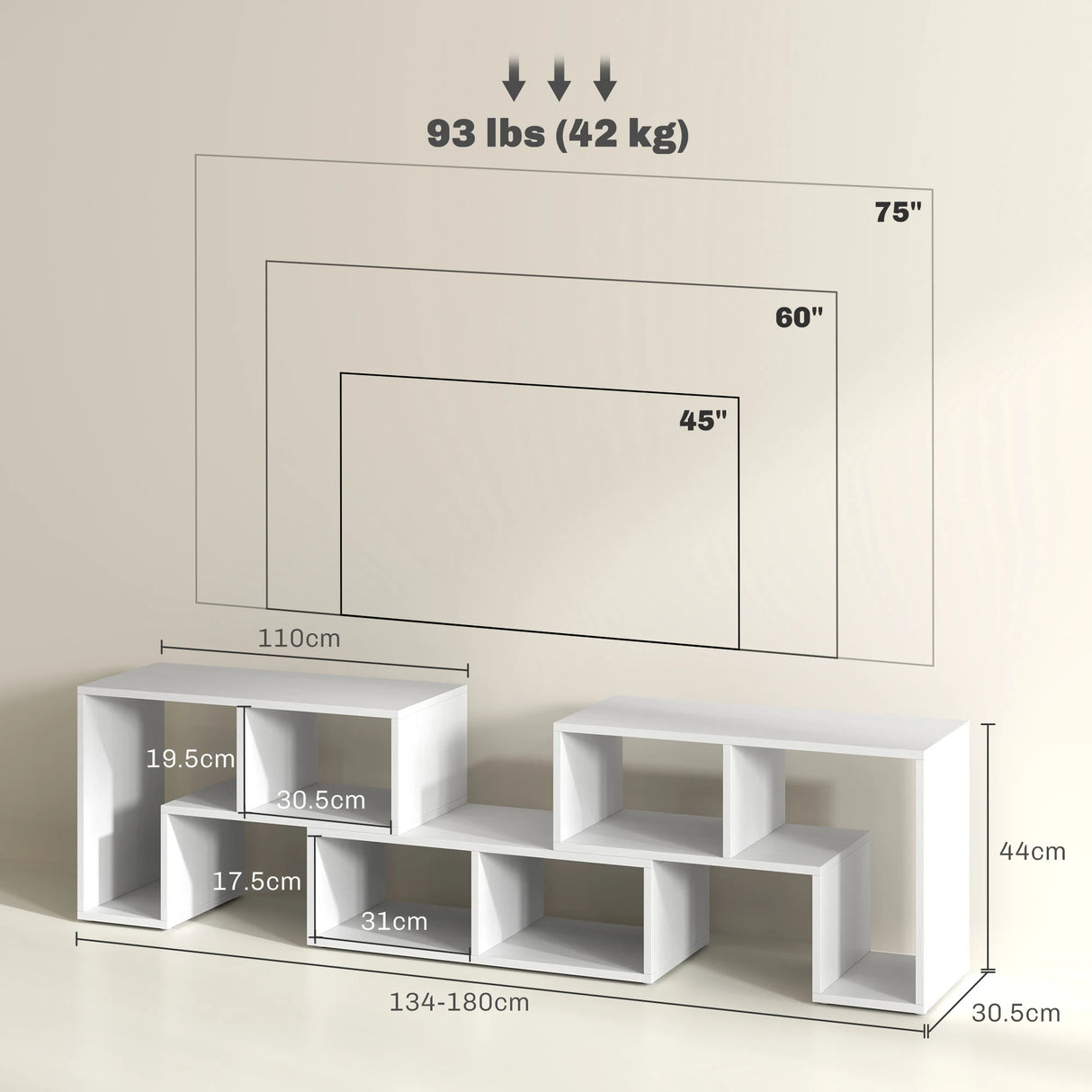 HOMCOM Three-Block Modular TV Stand - White Wood-Effect