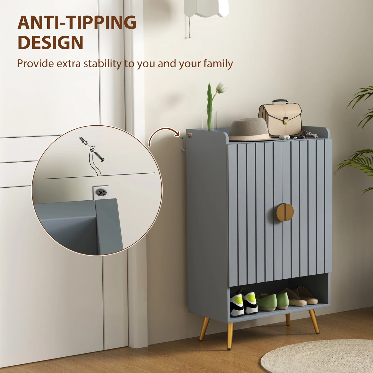 HOMCOM Modern Shoe Cabinet with 2 Doors, Open Shelf and Adjustable Shelves, 15 Pair Hallway Shoe Cupboard, Entryway Storage Unit, Light Grey