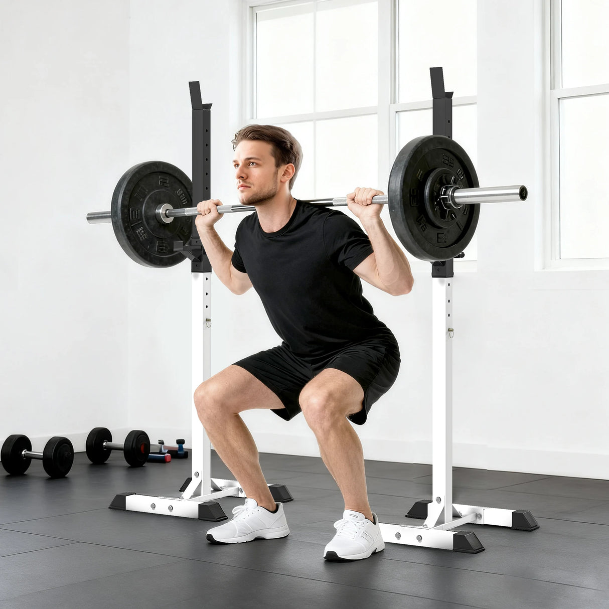 HOMCOM Heavy Duty Weight Bar Barbell Squat Stand Barbell Rack Spotter, for Home, Gym - Black
